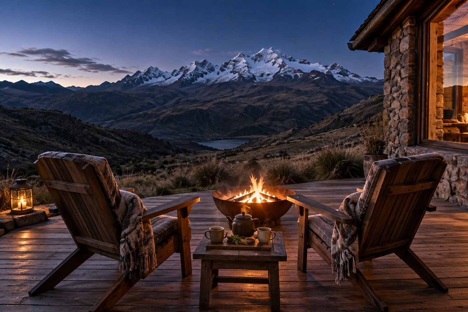Terraza de madera con fogata y vista a la cordillera de Huaytapallana al anochecer