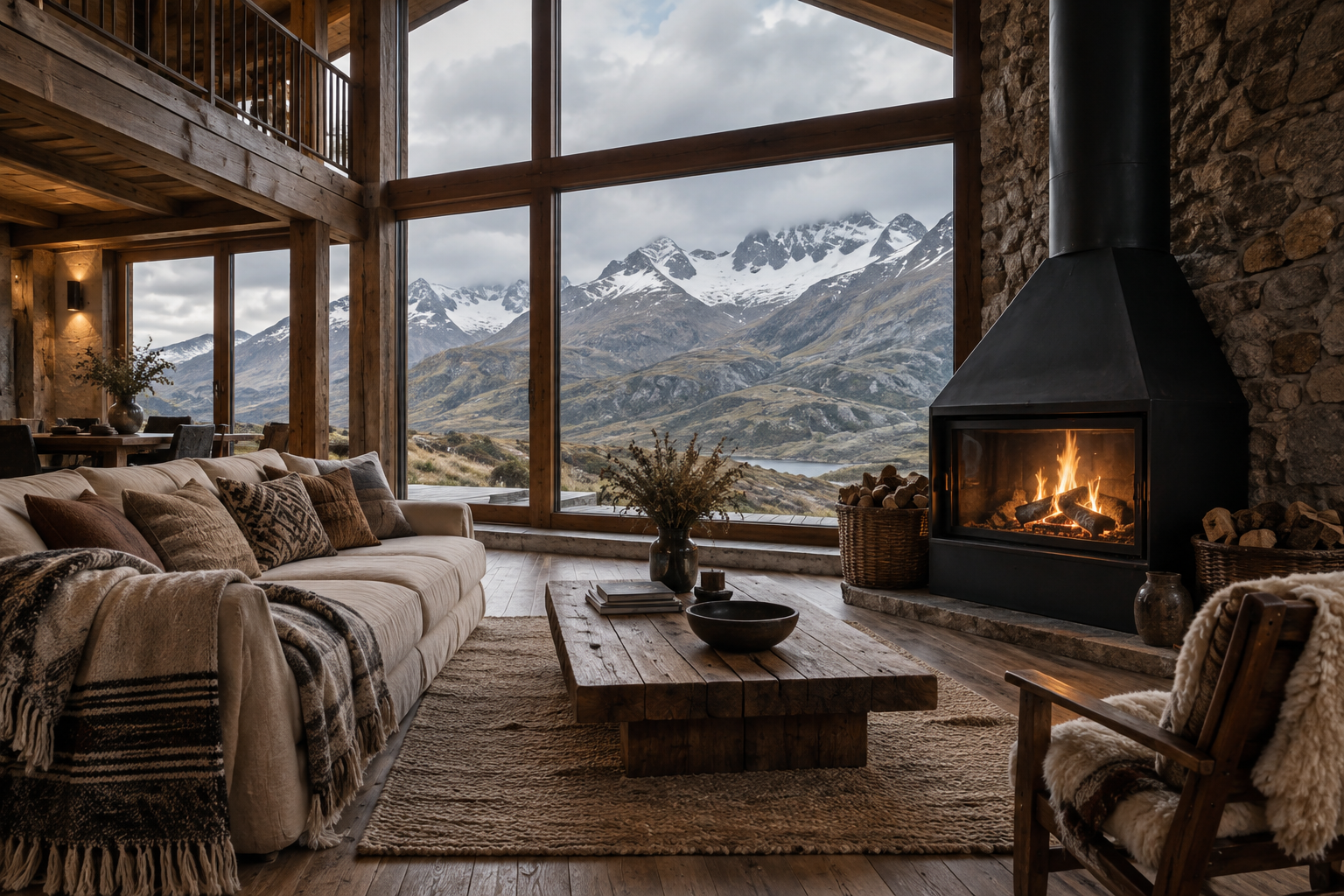 Interior cálido de la cabaña con chimenea y grandes ventanales hacia las montañas